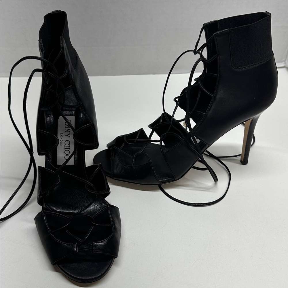 Jimmy Choo Heels Caged Lace Up Open Toe High Heeled Shoes Leather Black Size 7.5